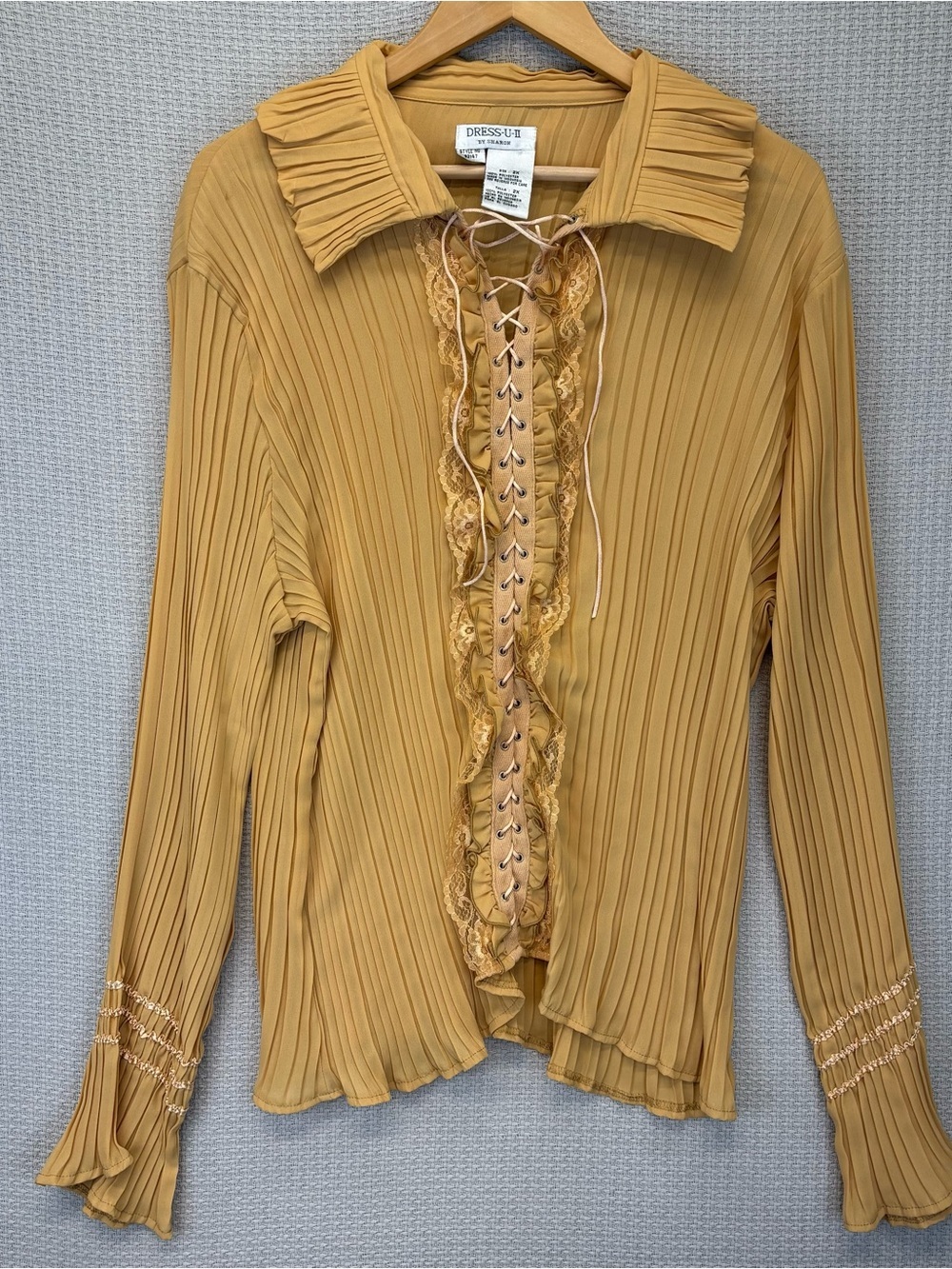 Vtg Dress-U-II by Sharon Peach Pleated Lace Up Ruffle Blouse Top 2X Fairycore